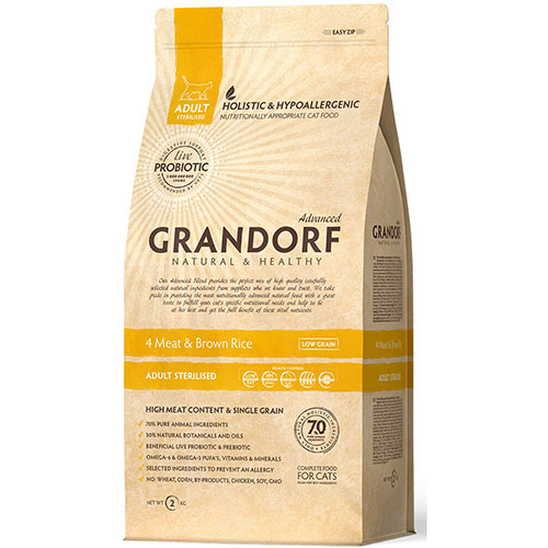 Grandorf (Грандорф) Living Probiotics 4 Meat & Brown Rice Adult Sterilized - Корм ​​4 види м'яса для стерілізованіх, літніх або схильні до зайвої ваги котів