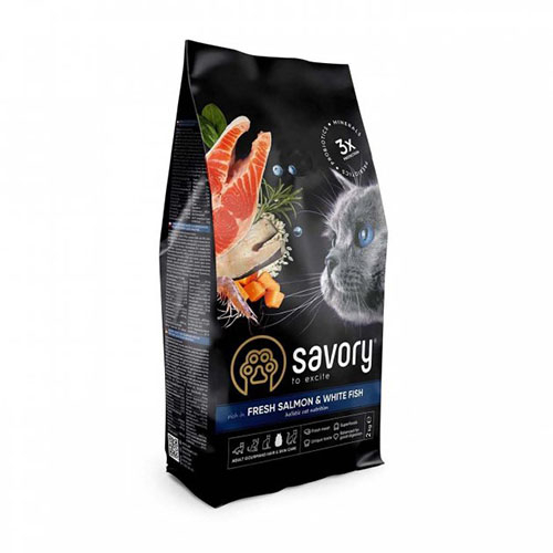 Сухий корм Savory для довгошерстих котів зі свіжим лососем і білою рибою