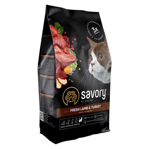 Сухой корм Savory для кошек с чувствительным пищеварением со свежим мясом ягненка и индейки