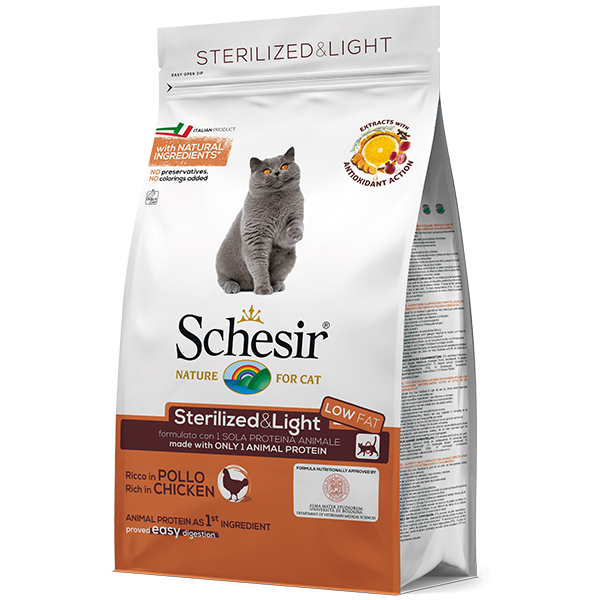 Schesir Cat Sterilized & Light - Шезир курица сухой монопротеиновый корм для стерилизованных кошек и котов, склонных к полноте