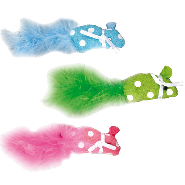 Flamingo POLKA MOUSE ФЛАМІНГО іграшка для котів, мишка з пером і котячої м'ятою, тканину