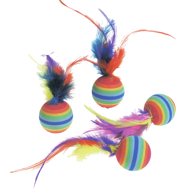 Flamingo RAINBOW BALLS - Фламинго яркая игрушка для кошек, мяч с перьями, резина 4 шт.