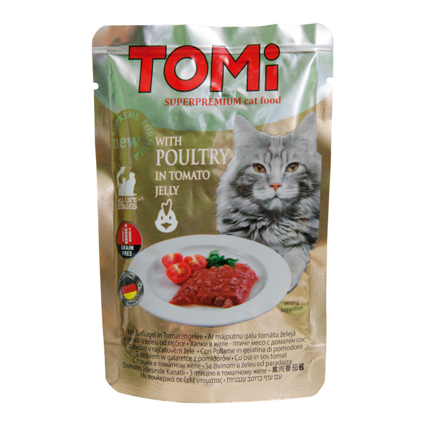 TOMi POULTRY in tomato jelly ТОМИ ПТАХ В ТОМАТНОМУ ЖЕЛЕ суперпреміум вологий корм, консерви для кішок