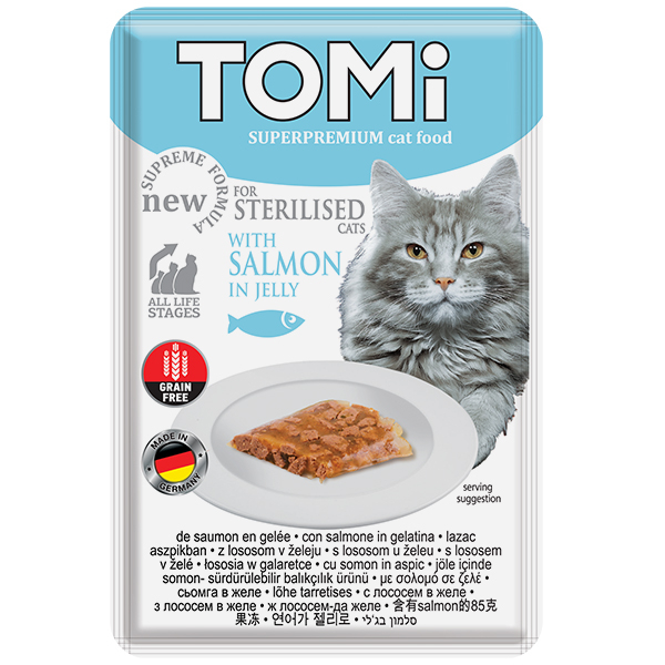 TOMi Sterilised Salmon in Jelly ТОМИ СТЕРІЛАЙЗІД ЛОСОСЬ В ЖЕЛЕ суперпреміум вологий корм консерви для стерилізованих кішок і кастрованих котів