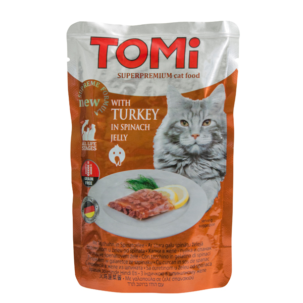 TOMi TURKEY in spinach jelly ТОМИ ИНДЕЙКА В Шпинатна ЖЕЛЕ суперпреміум вологий корм, консерви для кішок